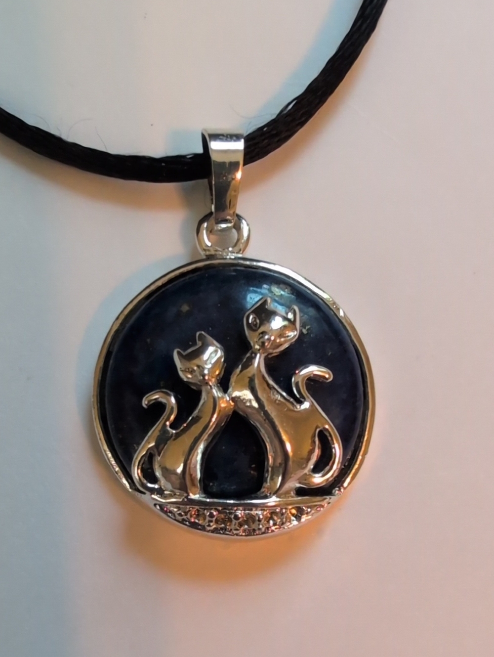 Silver Cat Duo Pendant Necklace in Black by